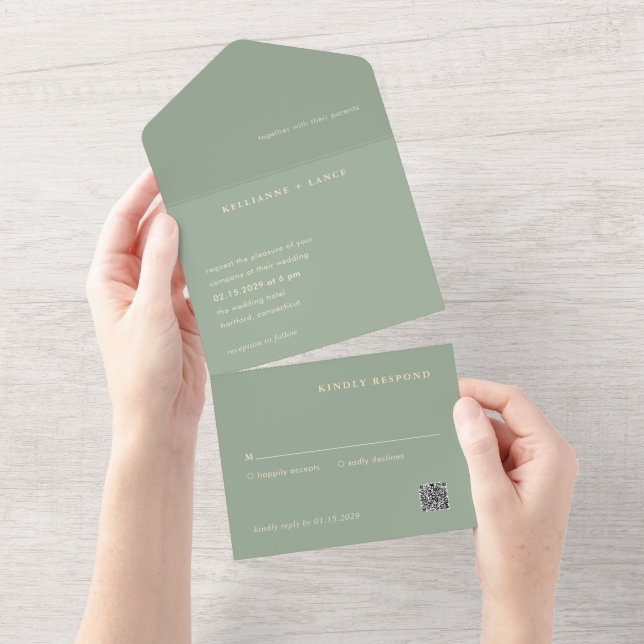 Modern Sage Green Simple QR Code Wedding All In One Invitation (Tearaway)