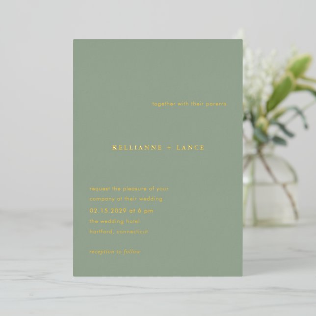 Modern Sage Green Simple Wedding Foil Invitation (Standing Front)