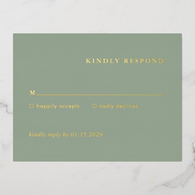 Modern Sage Green Simple Wedding Foil RSVP Card (Front)