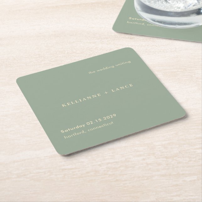 Modern Sage Green Simple Wedding Square Paper Coaster (Angled)