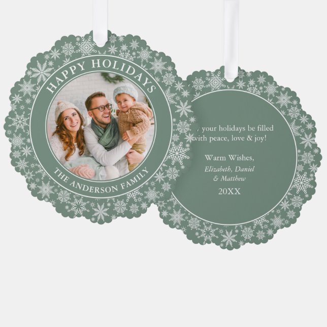 Modern Sage Green Snowflakes Happy Holidays Photo Ornament Card (Front/Back)