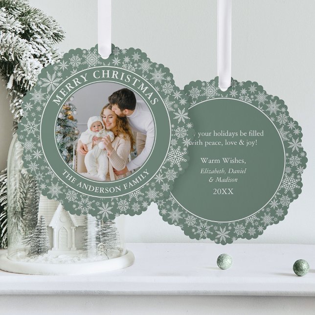 Modern Sage Green Snowflakes Merry Christmas Photo Ornament Card (A greeting card that is also an ornament! Customize with your photo and personalized text.)