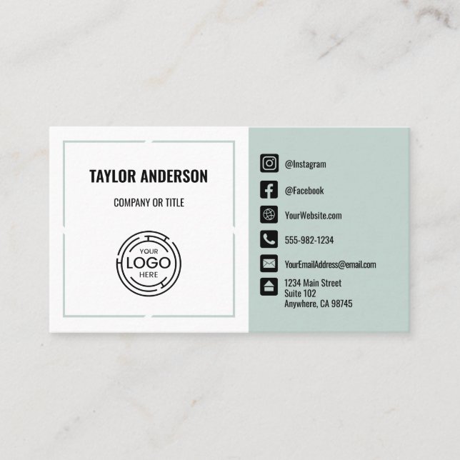 Modern Sage Green Social Media Business Card (Front)