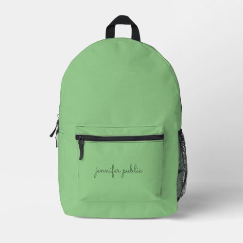 Modern Sage Green Solid Color Elegant Script Name Printed Backpack