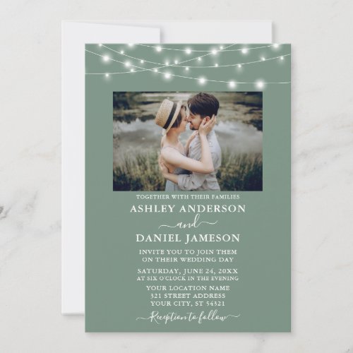 Modern Sage Green String Lights Photo Wedding Invitation