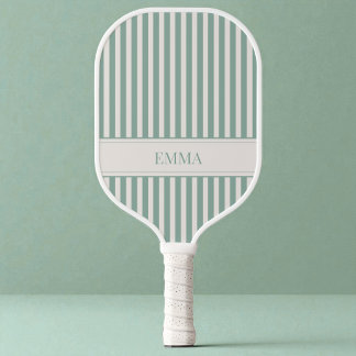 Modern Sage Green Striped Cute Preppy Simple Name Pickleball Paddle