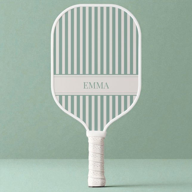 Modern Sage Green Striped Cute Preppy Simple Name Pickleball Paddle (Modern Sage Green Striped Cute Preppy Simple Name Pickleball Paddle)