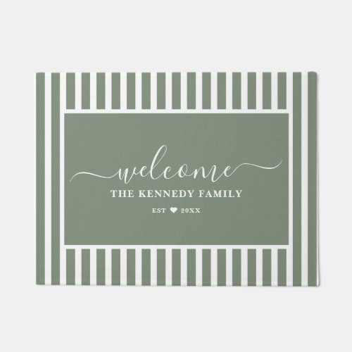 Modern Sage Green Striped Family Name Welcome Doormat