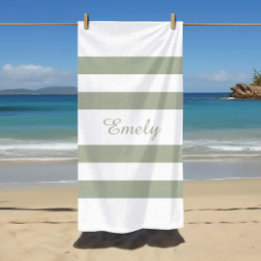 Modern Sage Green Striped Pattern Beach Towel