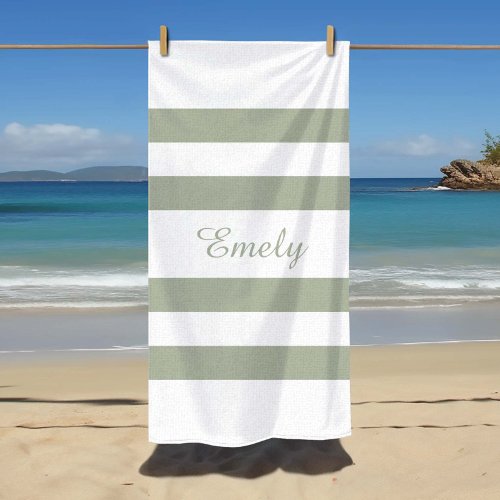 Modern Sage Green Striped Pattern  Beach Towel