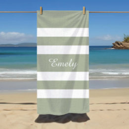 Modern Sage Green Striped Pattern Name Beach Towel