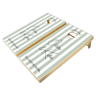 Modern Sage Green Striped Personalized Wedding Cornhole Set