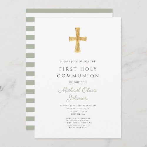 Modern Sage Green Stripes Cross First Communion Invitation