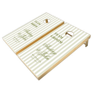 Modern Sage Green Stripes Elegant Script Wedding Cornhole Set