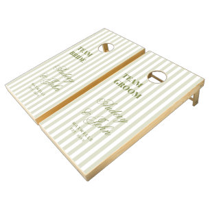 Modern Sage Green Stripes Elegant Script Wedding Cornhole Set