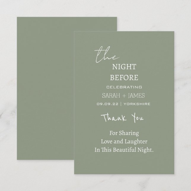Modern Sage Green the Night Before Wedding  Thank You Card (Front/Back)