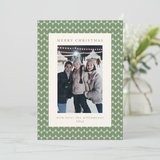 Modern Sage Green Triangle Christmas Photo Letter Holiday Card (Standing Front)