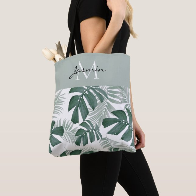 Modern Sage Green Tropical Leaf Monogram Tote Bag (Close Up)