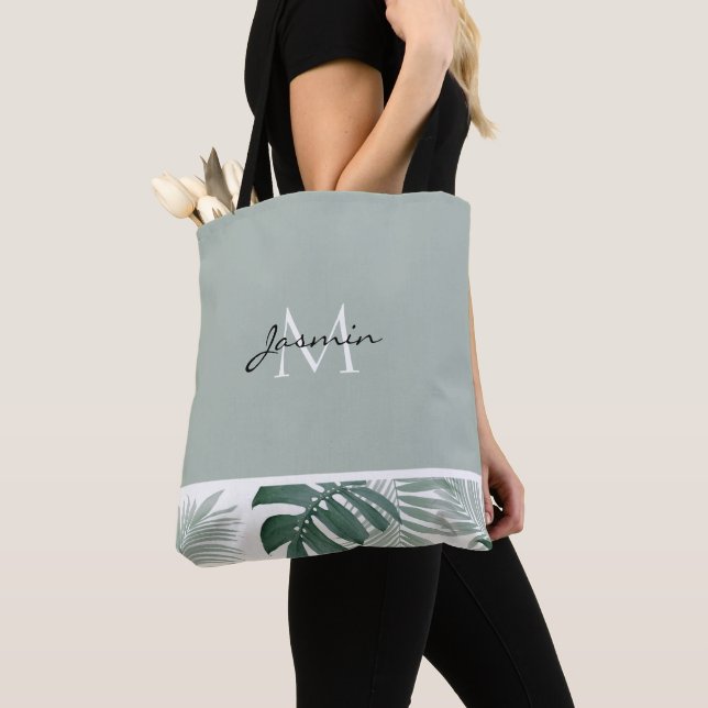 Modern Sage Green Tropical Leaf Monogram Tote Bag (Close Up)