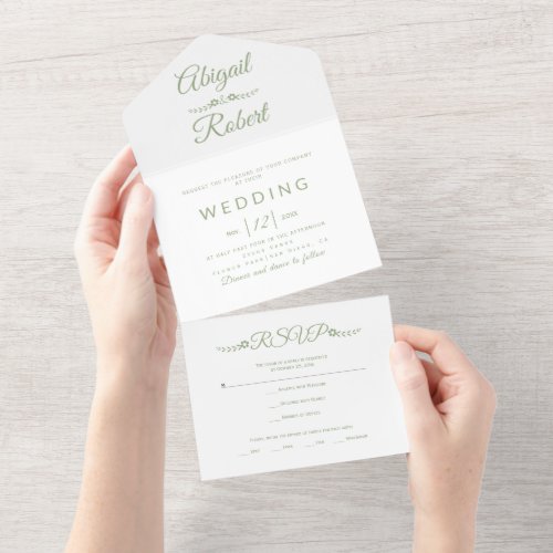 Modern sage green typography on white wedding  all in one invitation