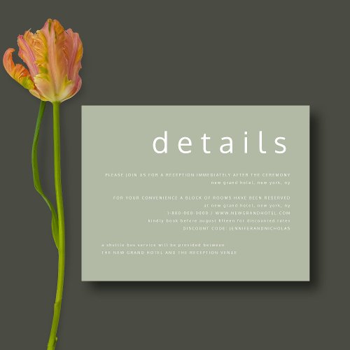 Modern Sage Green Typography Wedding Details Enclosure Card