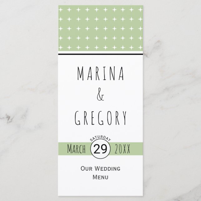 Modern sage green typography wedding menu card (Front)