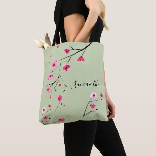 Modern sage green watercolor cherry blossoms Name  Tote Bag