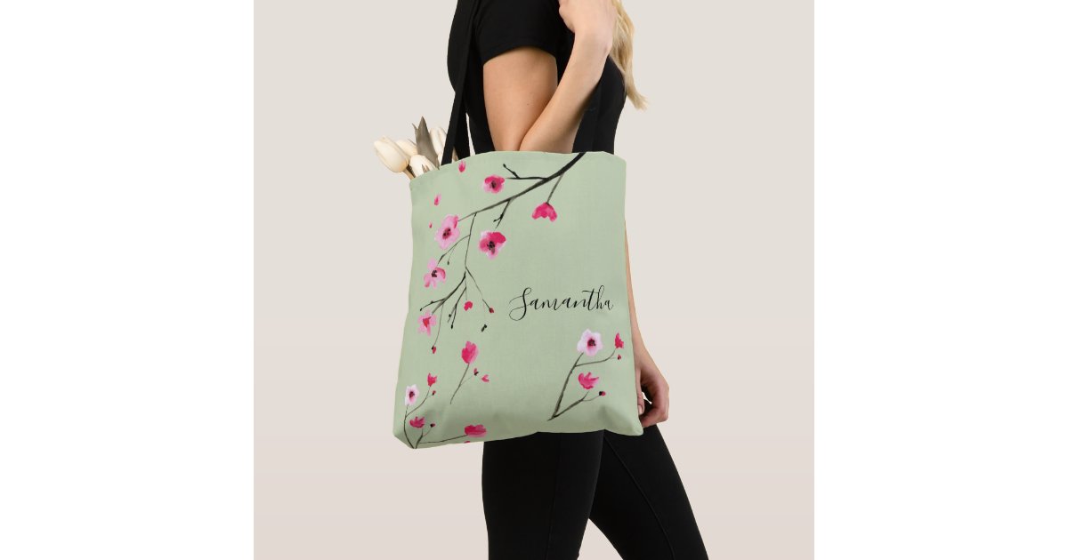 Event Blossom Personalized Spring Rose Design Tote Bag w/ Script Name