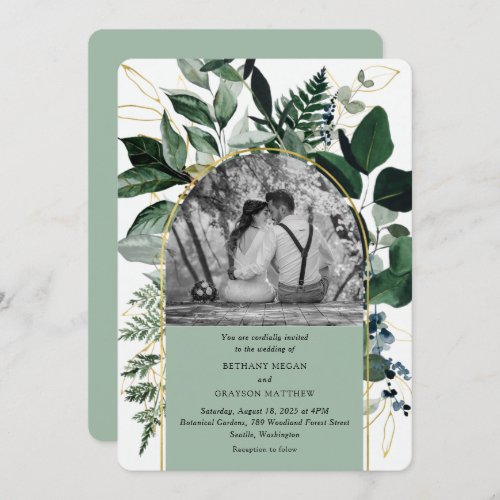 Modern Sage Green  Watercolor Leaves photo wedding Invitation