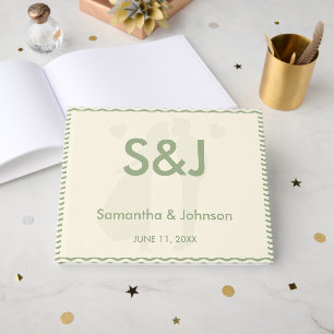 Modern Sage Green Wavy Stripe Monogram Wedding Guest Book