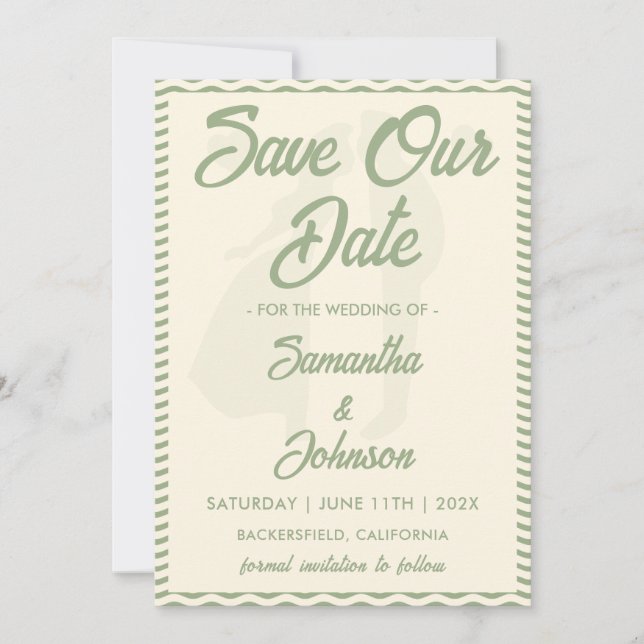 Modern Sage Green Wavy Stripe Photo Wedding Save The Date (Front)
