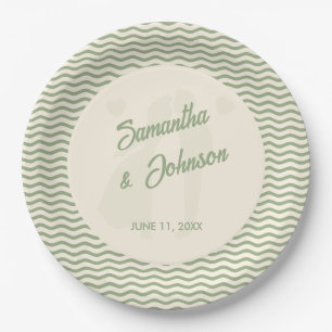 Modern Sage Green Wavy Stripe Wedding Paper Plates