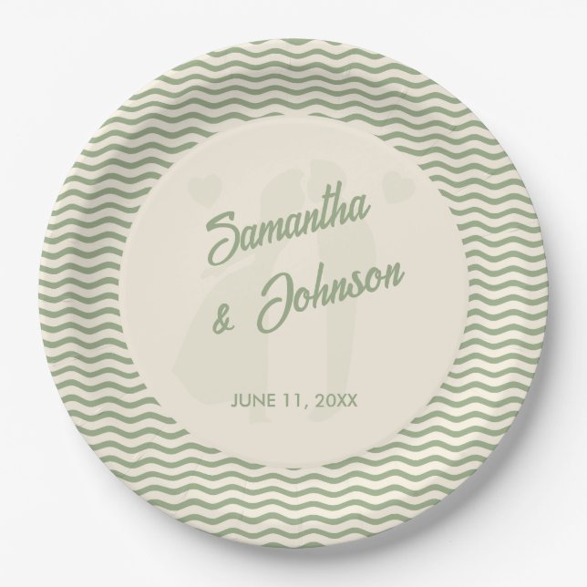 Modern Sage Green Wavy Stripe Wedding Paper Plates (Front)