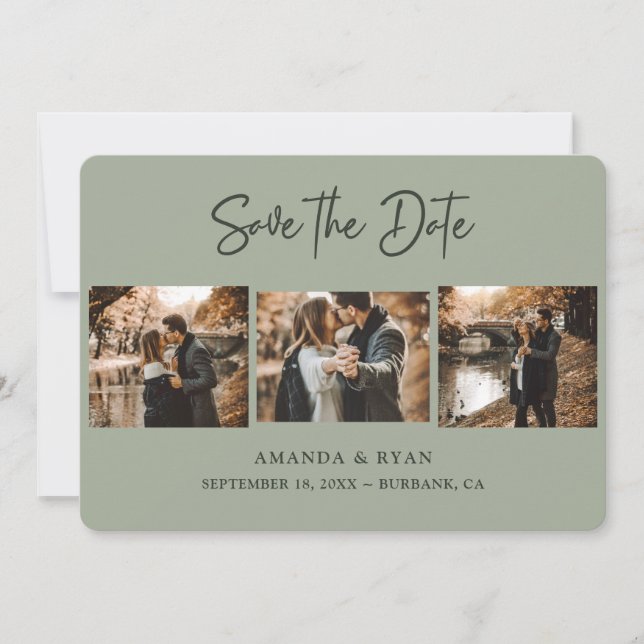 Modern Sage Green Wedding 3 Photo Save The Date (Front)