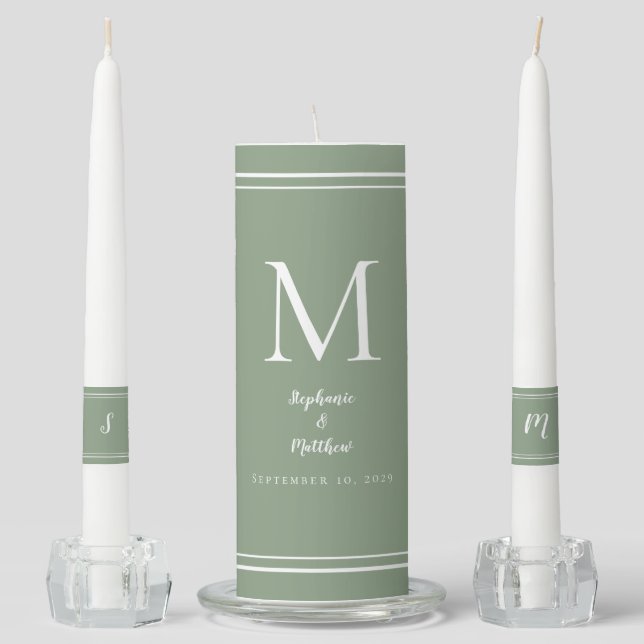 Modern Sage Green Wedding Ceremony Bride Groom Unity Candle Set (Front)
