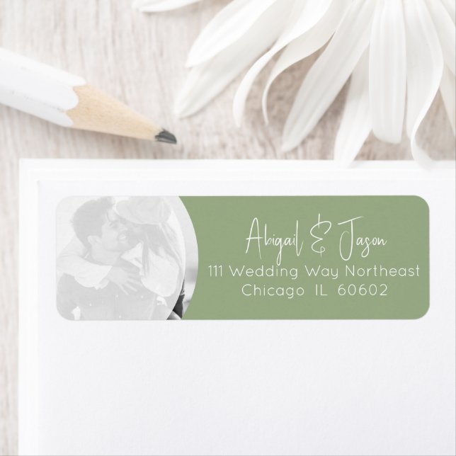 Modern Sage Green Wedding Photo Return Address Label (Insitu)