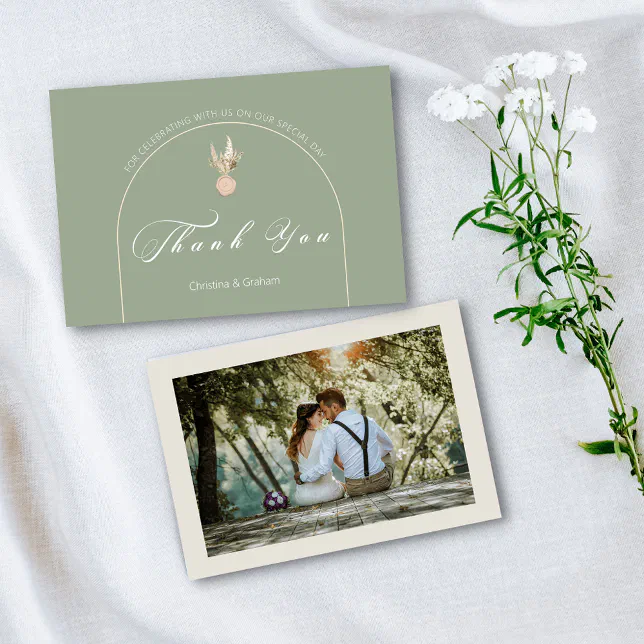 Modern Sage Green Wedding Photo Thank You Card | Zazzle