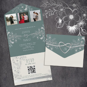 Modern Sage Green Wedding QR Code All In One Invitation