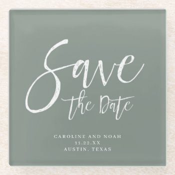 Modern Sage Green Wedding Save The Date Glass Coaster by BerryPieInvites at Zazzle