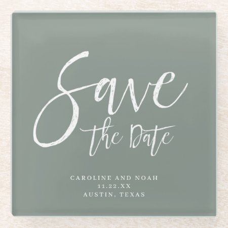 Modern Sage Green Wedding Save The Date Glass Coaster