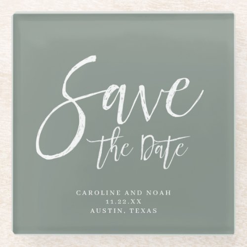 Modern Sage Green Wedding Save the Date Glass Coaster