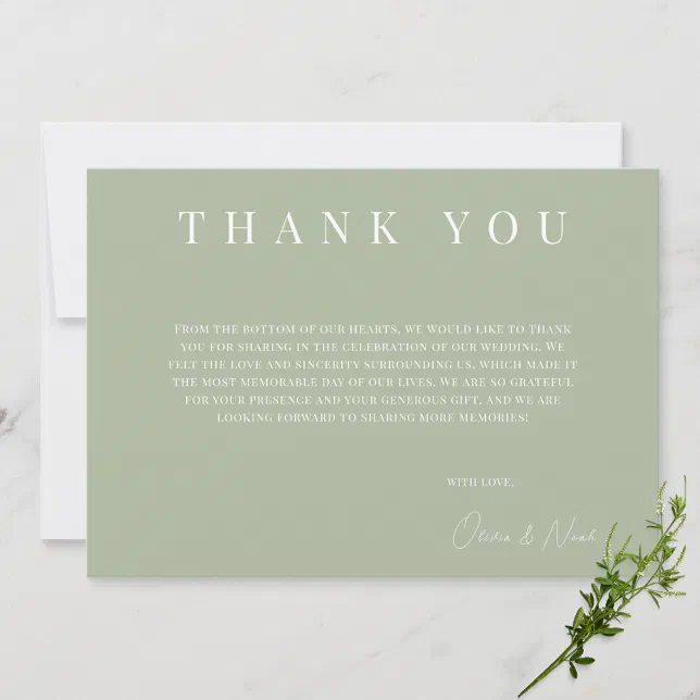 Modern Sage Green Wedding Thank you Card | Zazzle