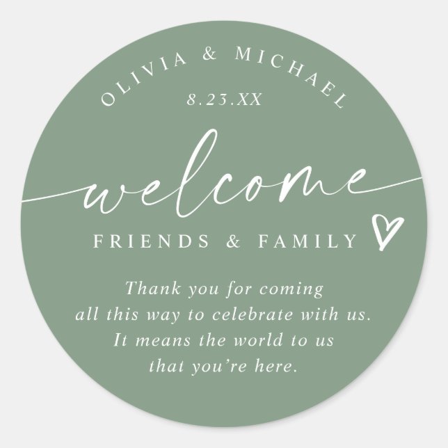 Modern Sage Green Wedding Welcome Hotel Bag Classic Round Sticker (Front)