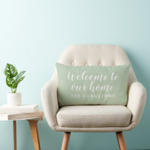 Modern Sage Green Welcome Home Custom Last Name Lumbar Pillow