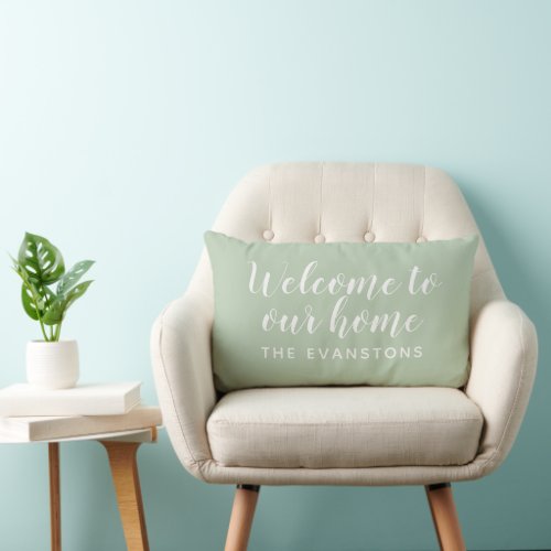 Modern Sage Green Welcome Home Custom Last Name Lumbar Pillow