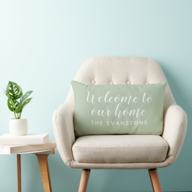 Modern Sage Green Welcome Home Custom Last Name Lumbar Pillow (Chair)