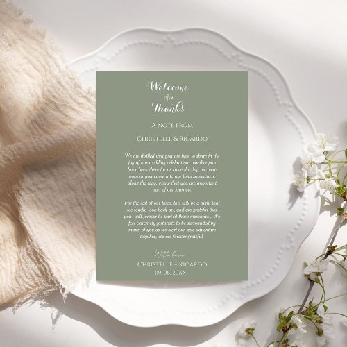 Modern sage green Welcome  thank you Wedding note