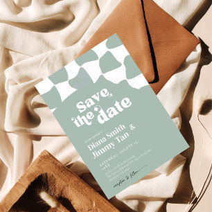Modern Sage Green White Checkerboard Save the Date Invitation