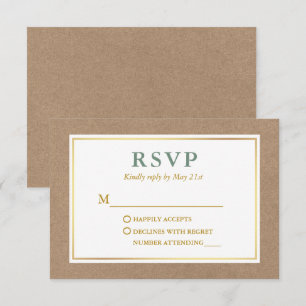 Modern Sage Green White Gold Kraft RSVP Card
