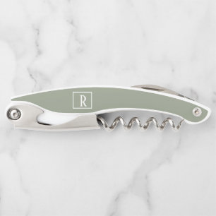 Modern Sage Green White Monogram Initials Bottle Waiter's Corkscrew